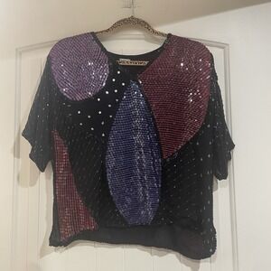 Vintage Beaded Sequin Womens Blouse Shirt Size Medium 100% Silk